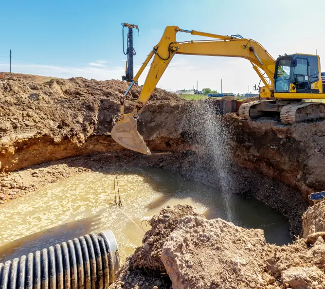 Excavator installing drainage pipe in trench.