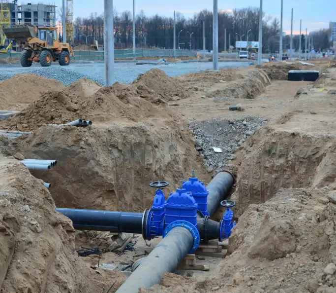 Blue valve on pipeline trench construction.